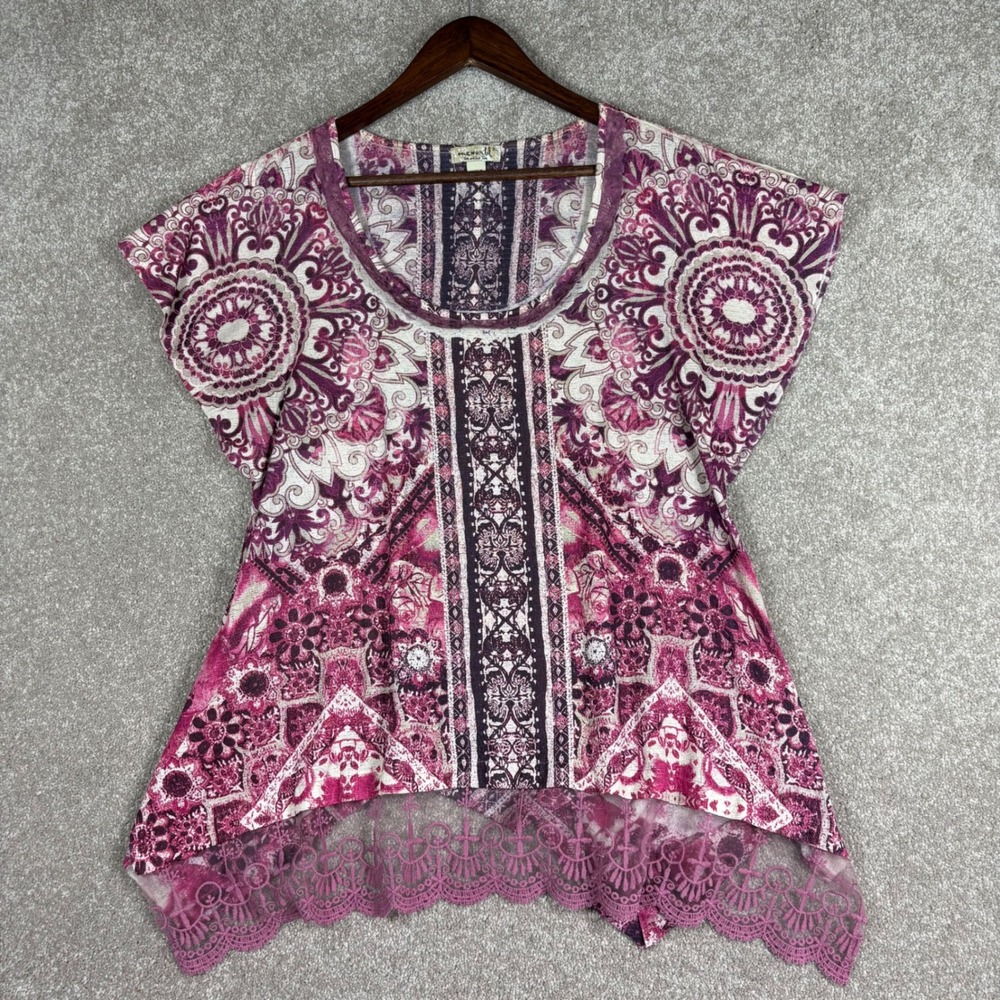One World Live and Let Live Purple Paisley Lace Trim Sharkbite Tunic Top XL